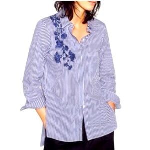 Zara blue white striped floral embroidered shirt